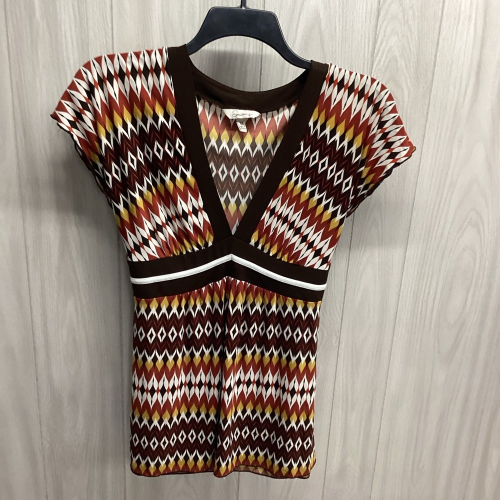 SPEACHLESS Women's (Size XL) Geometric V-Neck Cap Sleeve Tie Back Blouse